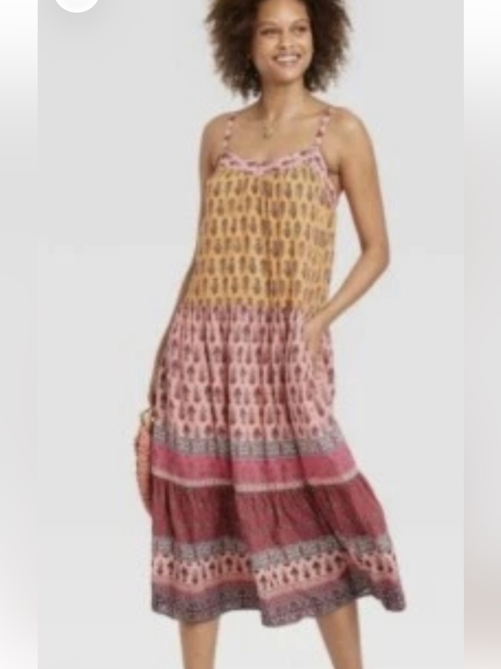 Knox Rose Pink and Mustard Boho Tiered Maxi Dress Medium